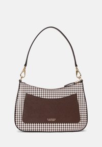 Rudas ir baltas houndstooth rašto rankinė su lygiu odiniu peties diržu ir tamsiai ruda priekinėmis dalimi. Yra auksinė užsegimas.