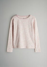 Dlhý rukáv košele v svetloružovej látke s jemným kvetinovým vzorom, okrúhly výstrih a mäkká textúra. Čisté švy a jednoduchý dizajn.