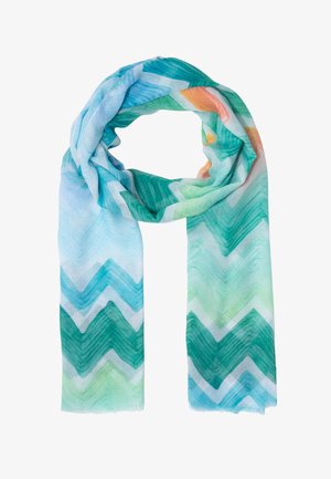 Leichter Schal mit blauen, grünen und orangefarbenen Zickzackmustern, locker drapiert mit einer zentralen Schlaufe.