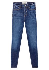 Vaqueros ajustados de denim azul oscuro con un acabado desgastado en la parte delantera. Cuenta con cinco bolsillos, pasadores para cinturón y un botón metálico visible.