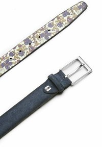 Two belts: one features a floral pattern in purple and beige on a white background, the other is dark blue suede with a silver buckle.