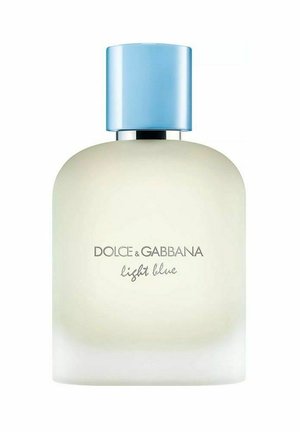 Flacon de parfum Dolce & Gabbana Light Blue en verre givré avec un bouchon bleu clair sur fond blanc.