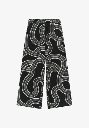 Zwarte wijde broek met een wit zwirlpatter. Gemaakt van een zachte stof met een elastische tailleband voor comfort.