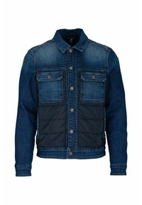 Farkkutakki, jossa on tummansininen etuosa, pehmustetut paneelit, napit, kaksi rintataskua ja klassinen kaulus.