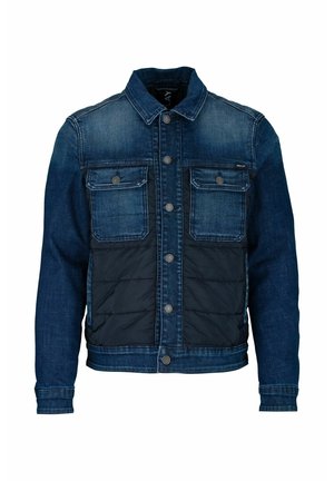 Jeansjacke mit dunkelblauer Vorderseite, gepolsterten Einsätzen, Knopfverschluss, zwei Brusttaschen und klassischem Kragen.