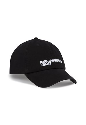 Gorra de béisbol negra con visera curva y texto bordado en blanco "KARL LAGERFELD JEANS" en el panel frontal.