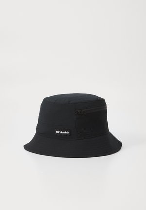 Black bucket hat made of durable fabric with a mesh panel and zippered pocket on the side. Features a wide, flat brim and stitched detailing.