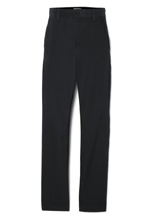 Chino neri realizzati in tessuto leggero, con design a gamba dritta, chiusura con bottone e dettagli di cucitura sottili.