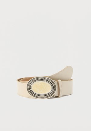 Cream-colored leather belt rolled with oval silver buckle featuring a cream marbled center and perforated edge details.