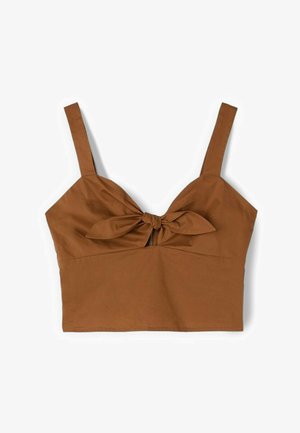 Braunes, kurz geschnittenes Tanktop mit breiten Trägern und vorderem Knoten über einem kleinen Ausschnitt.