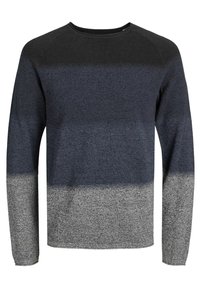 Herren Langarm-Pullover mit einem Verlaufdesign in dunkelblau, hellgrau und anthrazit, mit einer strukturierten Oberfläche und Rundhalsausschnitt.