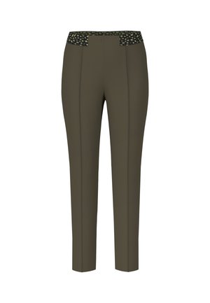 Olive green trousers with a fitted silhouette, featuring a patterned black waistband and front crease details for a streamlined look.