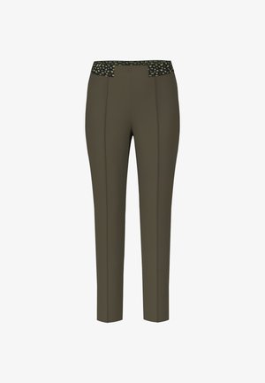 Olive green trousers with a fitted silhouette, featuring a patterned black waistband and front crease details for a streamlined look.