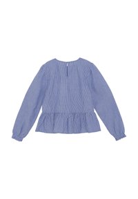 Blå og hvid stribet langærmet peplum-top med elastiske manchetter, nøglehul ryg og let stof.