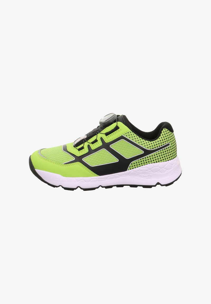 Neon zielone buty sportowe z czarnymi akcentami z siateczki i tekstyliów, biała teksturowana podeszwa środkowa, zintegrowany system sznurowania oraz wzmocniony czubek.