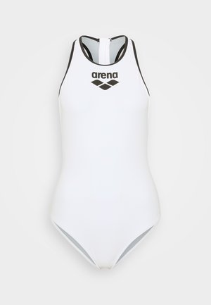 Valkoinen yksiosainen uimapuku, jossa on korkea pääntie, mustat yksityiskohdat ja Arena-logo. Sileä, joustava materiaali ja tyylikäs siluetti.