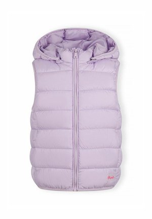 Gilet sans manches matelassé violet clair avec une fermeture éclair frontale et une capuche attachée, présenté sur un fond blanc.