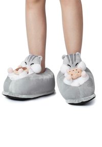 Gray plush slippers featuring cartoon animal faces with ears, holding cookies, and a soft, round design. Non-slip black sole for stability.