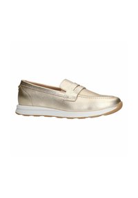 Metallisch goldene Slipper aus glattem Leder mit gepolstertem Schaftrand und weißer Sohle. Verfügt über ein genähtes Akzentband auf dem Blatt.