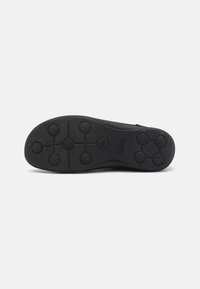 Black rubber shoe sole featuring a textured surface with circular grip accents and a subtle "Clark" logo near the arch area.