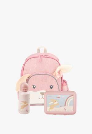 Pink children's backpack with bunny face and ears, matching water bottle and lunchbox featuring a jumping bunny and rainbow design.