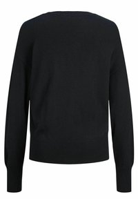 Svart stickad tröja med en avslappnad passform, rund halsringning, sänkt axel och ribbad nederkant. Mjuk textur med långa ärmar.
