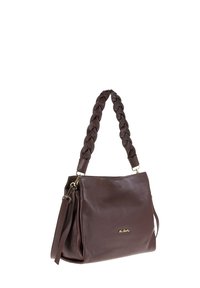 Borsa in pelle marrone scuro con manico intrecciato, accessori in tonalità oro e piccolo logo del marchio nella parte anteriore.