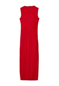 Rotes ärmelloses Kleid mit figurbetontem Schnitt, das auf einer Seite Raffungselemente aufweist und einen Reißverschluss auf der Rückseite hat. Glatter, dehnbarer Stoff.