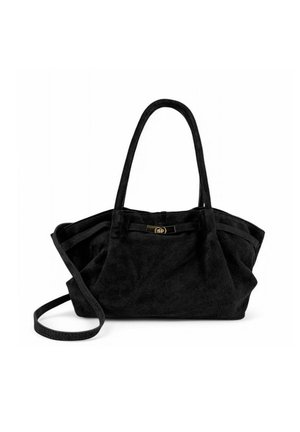 Sac à main en daim noir avec deux anses, une fermeture zippée sur le dessus et un accent doré à l'avant. Texture douce et design spacieux.