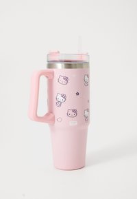 Roza izolirana skodelica z ročajem, okrašena z motivi Hello Kitty, nerjaveča jeklena obroba, prozoren pokrov in večkratna slama.
