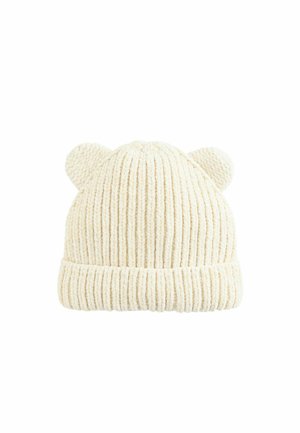 Strickmütze in Creme mit geripptem Muster, ausgestattet mit zwei runden Ohren an der Oberseite und einem umgeschlagenen Rand für zusätzliche Wärme.