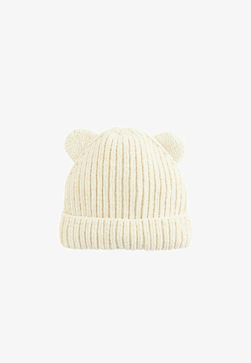 Strickmütze in Creme mit geripptem Muster, ausgestattet mit zwei runden Ohren an der Oberseite und einem umgeschlagenen Rand für zusätzliche Wärme.