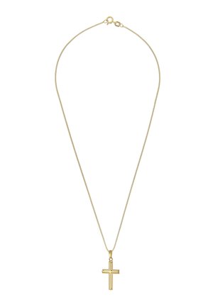 Gold chain necklace with a smooth, polished cross pendant. The chain is thin, and the pendant features clean lines and a simple design.