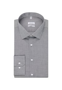 Camicia da uomo grigia a maniche lunghe in cotone misto, caratterizzata da un colletto classico, chiusura a bottoni e polsini con un solo bottone, con una texture liscia.