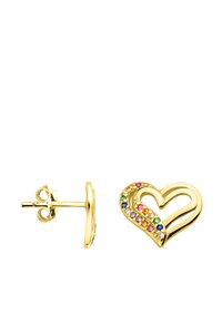 Guld hjärtformade örhängen med en vågdesign dekorerad med flerfärgade ädelstenar, polerad yta och standard bakstycke.