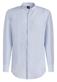 Jasnoniebieska i biała, w paski, długa koszula z długim rękawem, z kołnierzykiem mandarynkowym, zapinana na guziki z zaokrąglonym dołem, wykonana z teksturowanej tkaniny.