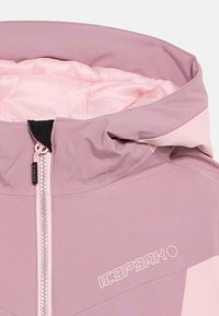 Chaqueta con capucha en rosa claro y malva, con cremallera frontal, forro interior suave y un logotipo en el pecho. Material liso e impermeable.