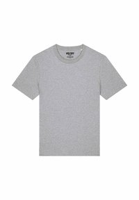 T-shirt gris en tissu mélangé de coton doux. Manches courtes, encolure ronde et design minimaliste sans motifs ni accents supplémentaires.