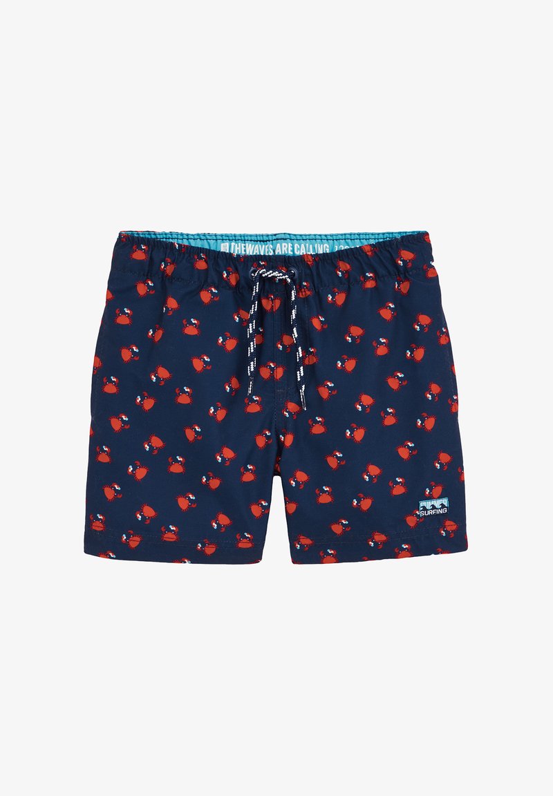 Tamsiai mėlyni maudymosi šortai su pakartotu raudono krabo raštu. Su elastinga juostos juosta ir raišteliu, bei logotipo pleistru ant kojos. Lygus paviršius.