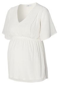 Witte kurzemouwen zwangerschapstop met een V-hals, gerimpelde taille en vloeiende stof. Lichtgewicht en met een kreuktextuur voor comfort.