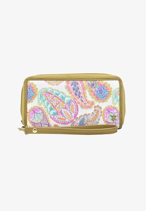Beiger Geldbeutel mit buntem Paisleymuster auf weißem Hintergrund. Enthält einen Handgelenkriemen und dekorative Hardware in Goldfarbe.