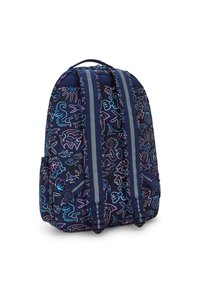 Zaino blu navy con spallacci imbottiti regolabili e motivi di creature marine neon in rosa e blu sul tessuto.