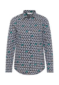 Langsleeve shirt in marineblauw met een herhalend hondenpatroon in het wit, tan en teal. Met knoopsluiting aan de voorkant en een gebogen zoomontwerp.