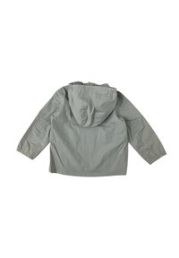 Giacca cappuccio grigio chiaro con una vestibilità comoda, caratterizzata da polsini elastici e un materiale liscia e impermeabile. Nessun motivo o hardware visibile.