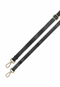 Czarny skórzany pasek na ramię o teksturowym wykończeniu, z metalowymi klipsami w kolorze złotym i regulowanym zapięciem. Podwójny design paska zwiększa wszechstronność.