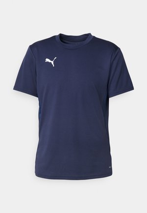 T-shirt de sport à manches courtes bleu marine en tissu texturé, avec un logo Puma blanc sur la poitrine gauche et des panneaux latéraux contrastants.