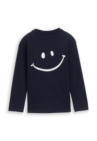 Navy-blaues Langarm-T-Shirt aus Baumwolle mit einem großen weißen Smiley-Gesicht-Graphik auf der Rückseite. Rundhalsausschnitt, weicher Stoff, entspannte Passform.