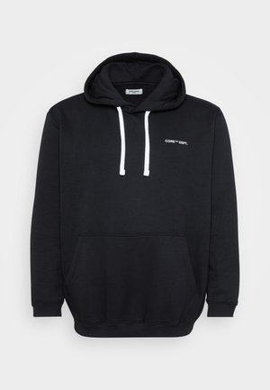 Black pullover hoodie with white drawstrings, front kangaroo pocket, and small white "CORE™ DEPT." text on the chest.