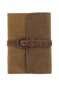 Brown leather notebook with a textured finish, secured by a dark brown leather strap featuring a metal buckle. Bound in a rectangular shape.