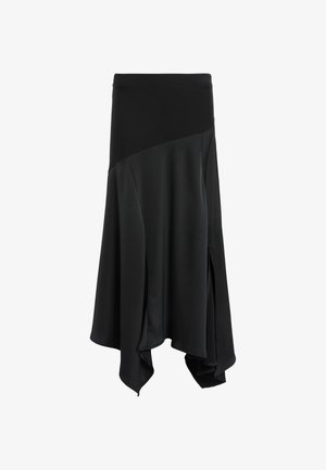 Jupe asymétrique noire avec une texture lisse, dotée d'une large taille élastique et d'entailles sur les côtés pour plus de mouvement et d'aisance.
